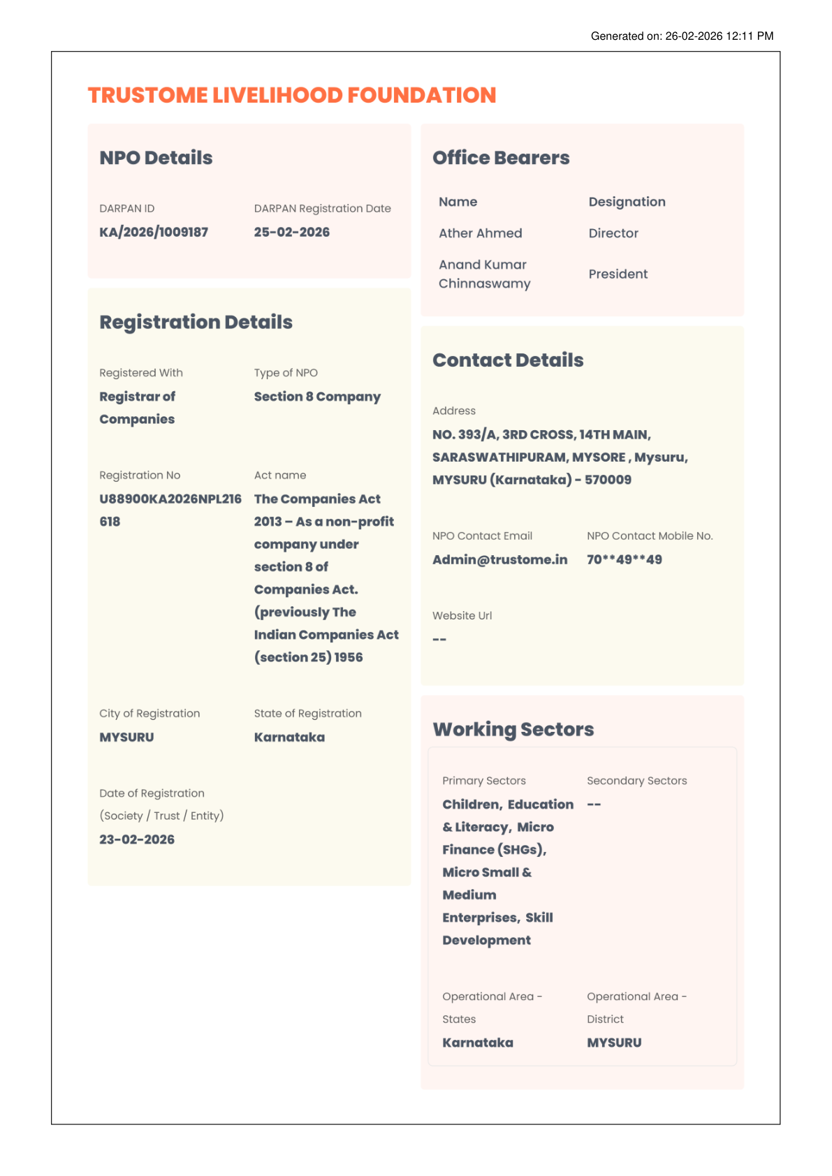 Trustome Livelihood Foundation certificate preview