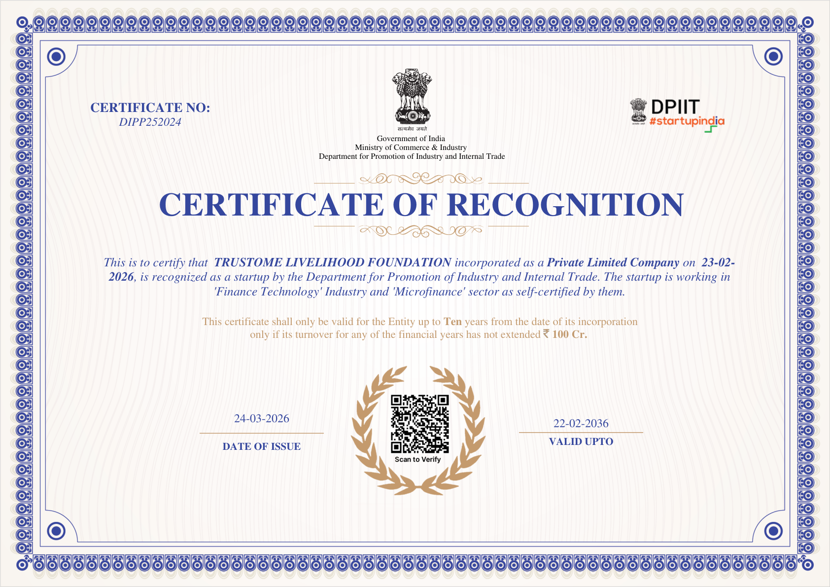 Startup Certificate preview